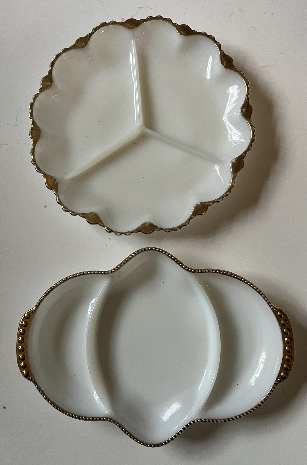 Anchor Hocking Fire King 2 White 3 Part Serving Dishes Relish Gold Detail