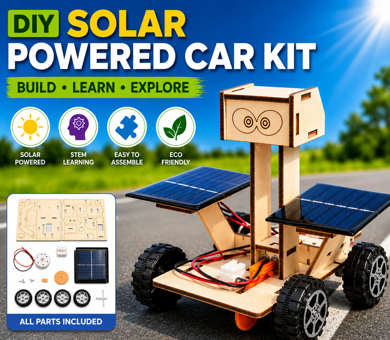 DIY Solar Powered Car Kit Wooden STEM Puzzle Science Toy Kids Educational Gift