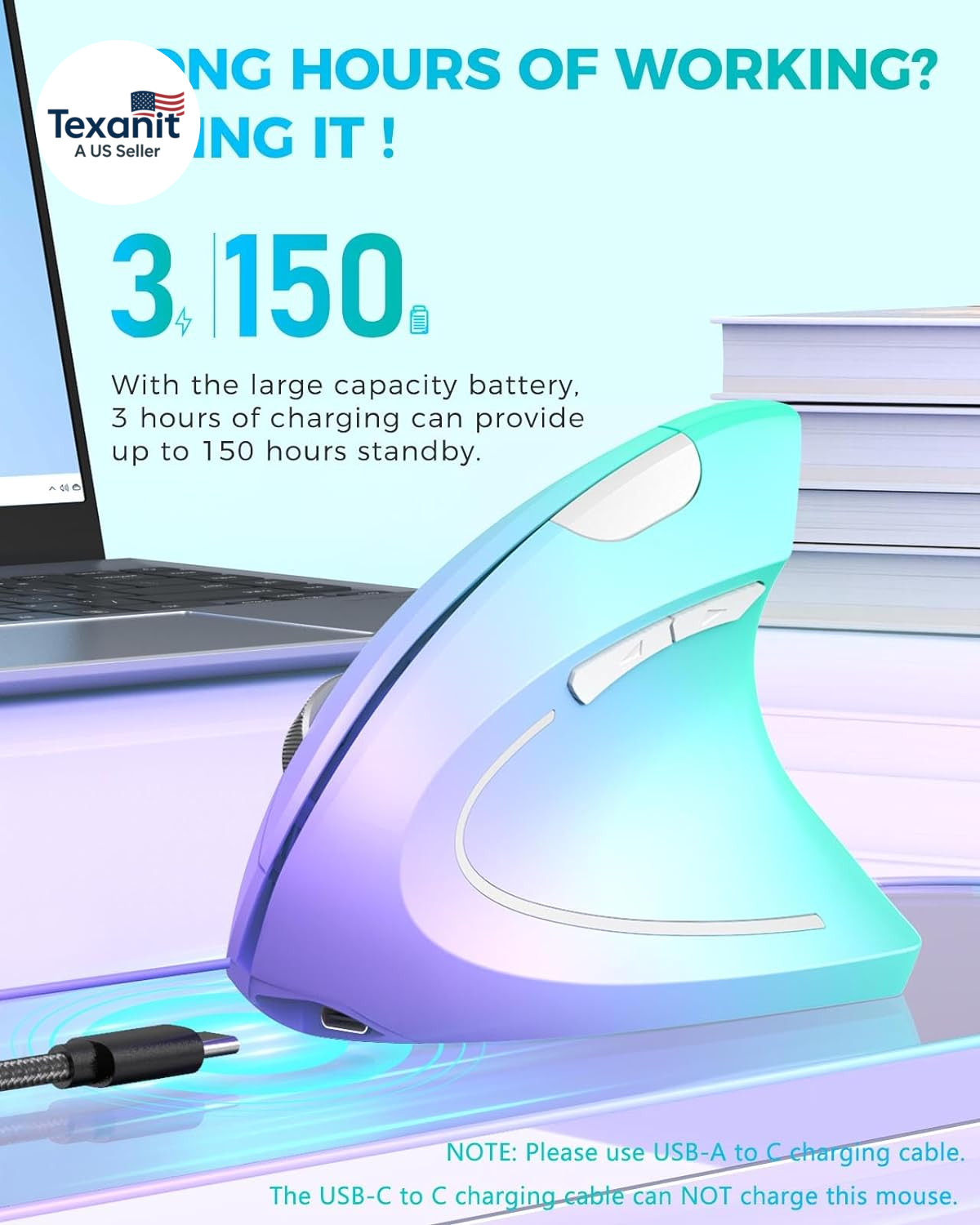 Ergonomic Mouse, Vertical Wireless Mouse, Rechargeable 2.4G Optical Carpal Tunne