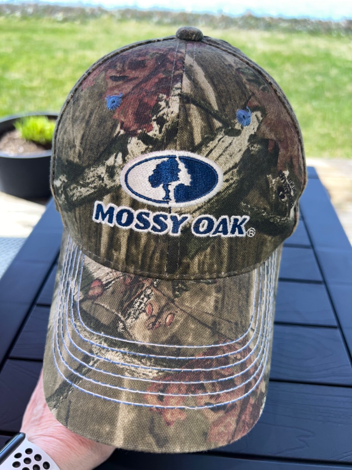Mossy Oak Brand Camouflage with Blue/White Logo Accents Hat Cap Hook Loop EUC