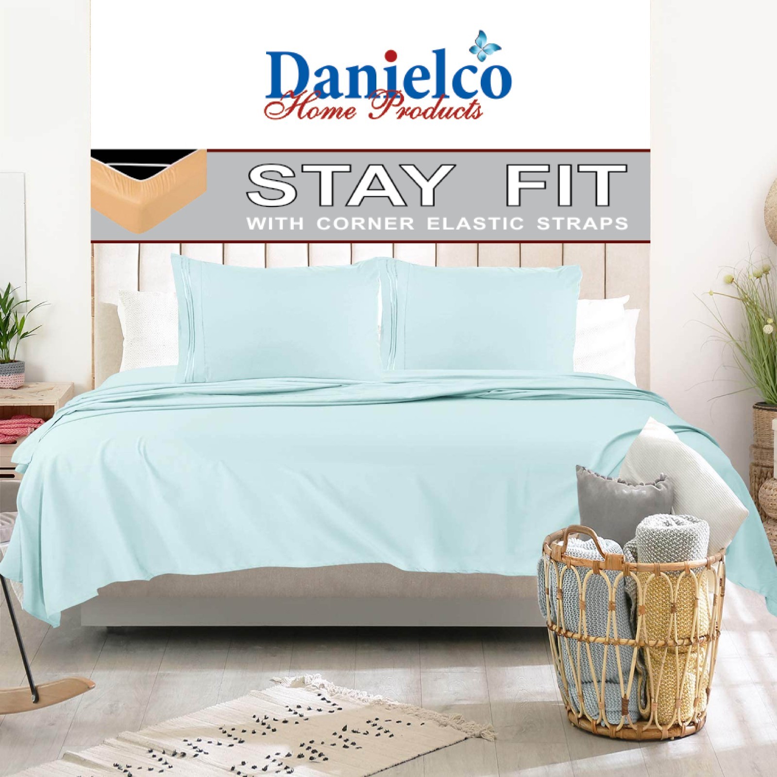 Bed Sheet Set w/ Corner Elastic Straps – Snug Secure Fit on Mattress