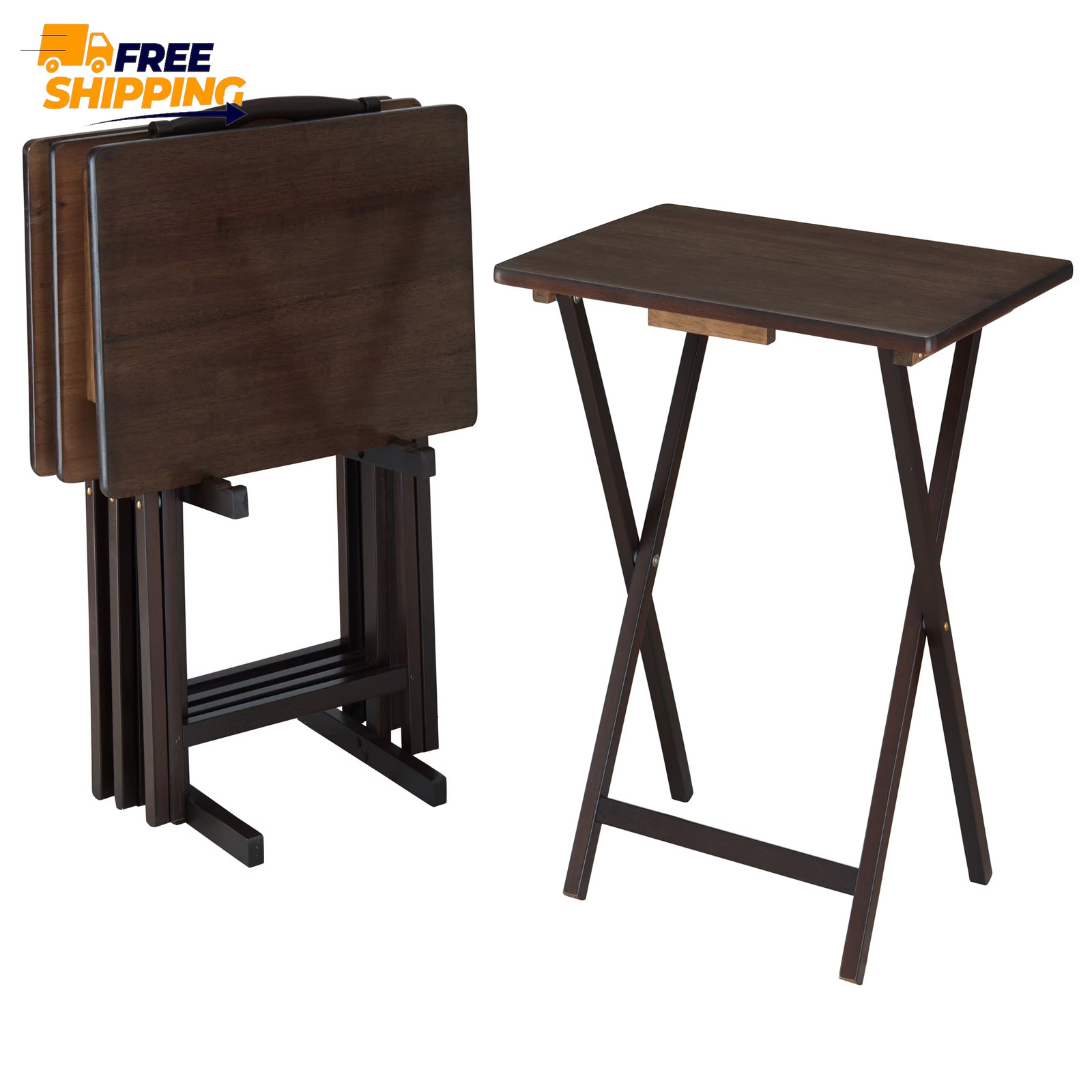 5-Piece Rubberwood Folding TV Tray Table Set of 4 with Storage Rack, Walnut 👌✅