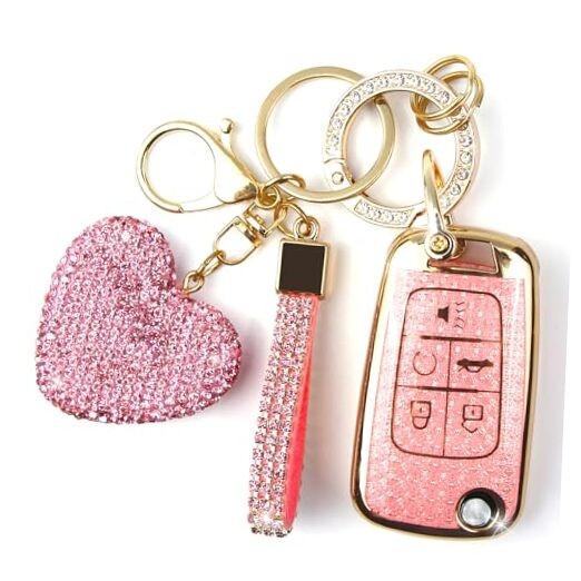 Key Fob Cover with Diamond Keychain for Women, Car Key Holder Pink-heart