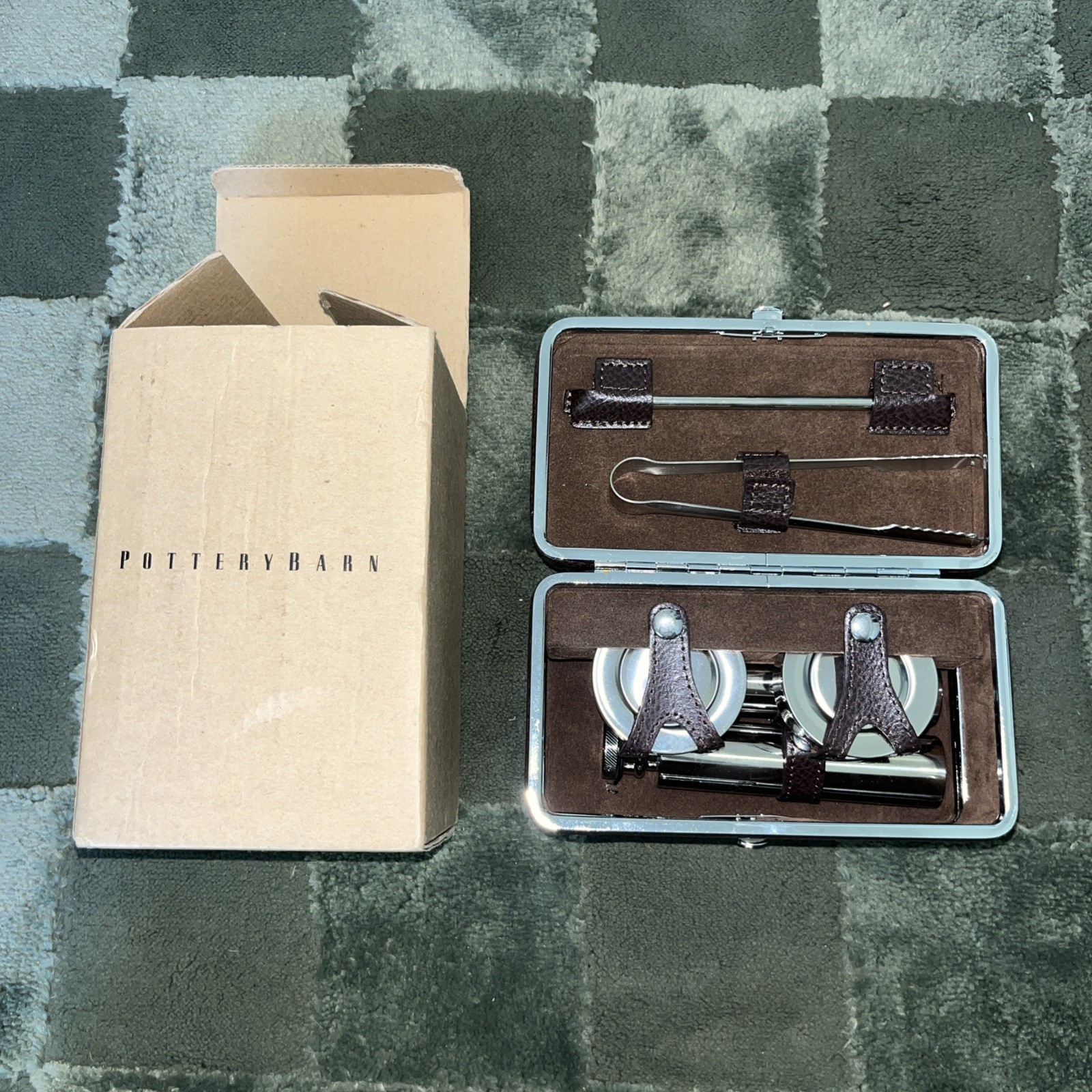 Pottery Barn Miniature Gentleman's Travel Bar Set Flasks Collapsible Cups