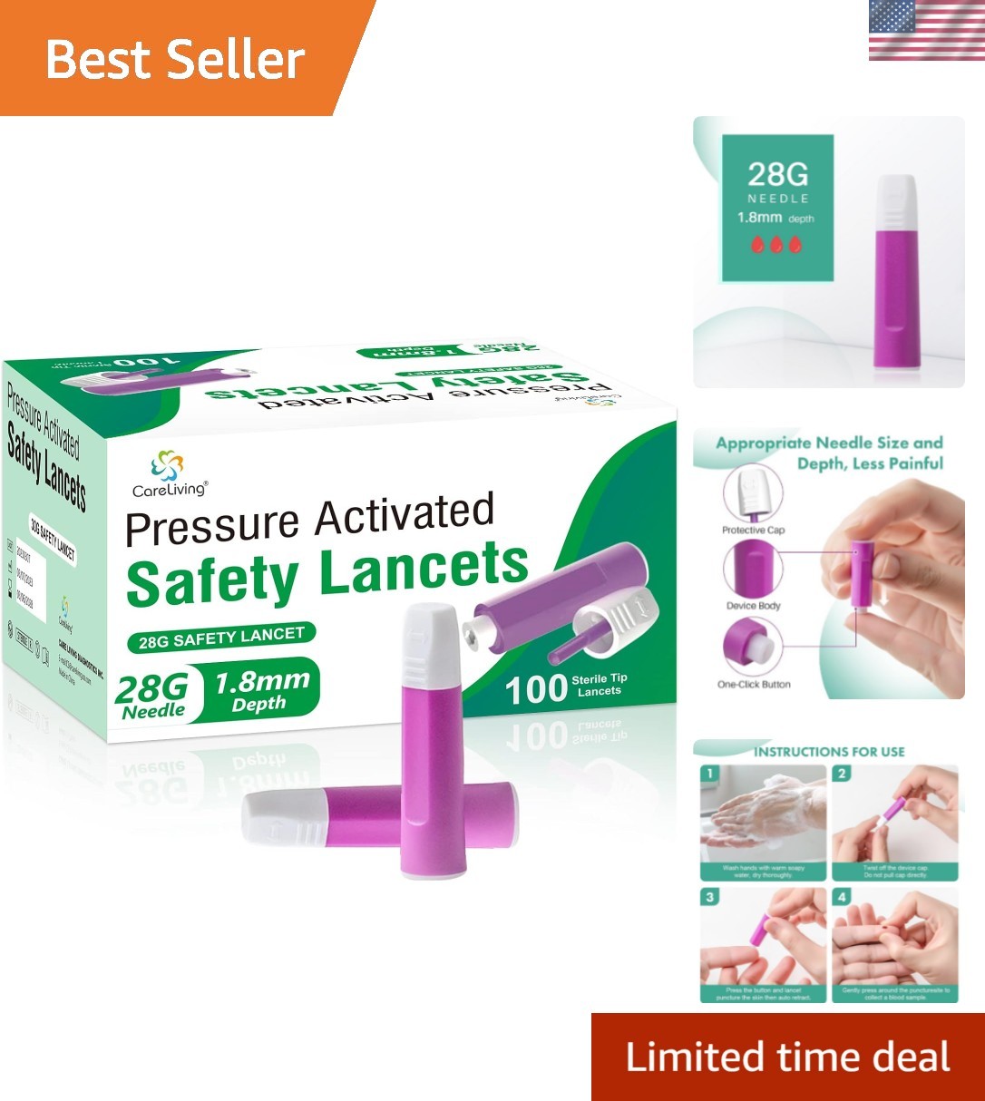 Safety Lancets, 100 Count Sterile, Pressure Activated Activation, 28 Gauge Ne...