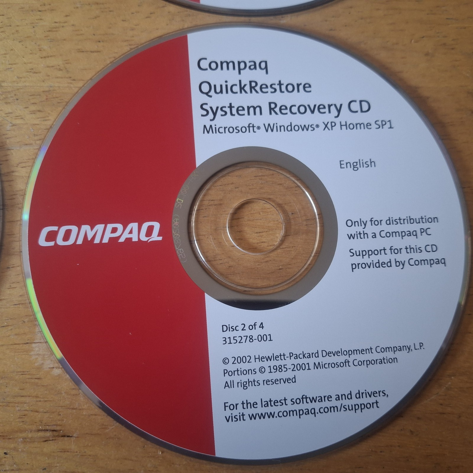 COMPAQ QUICKRESTORE SYSTEM RECOVERY DISC CD XP HOME SP1