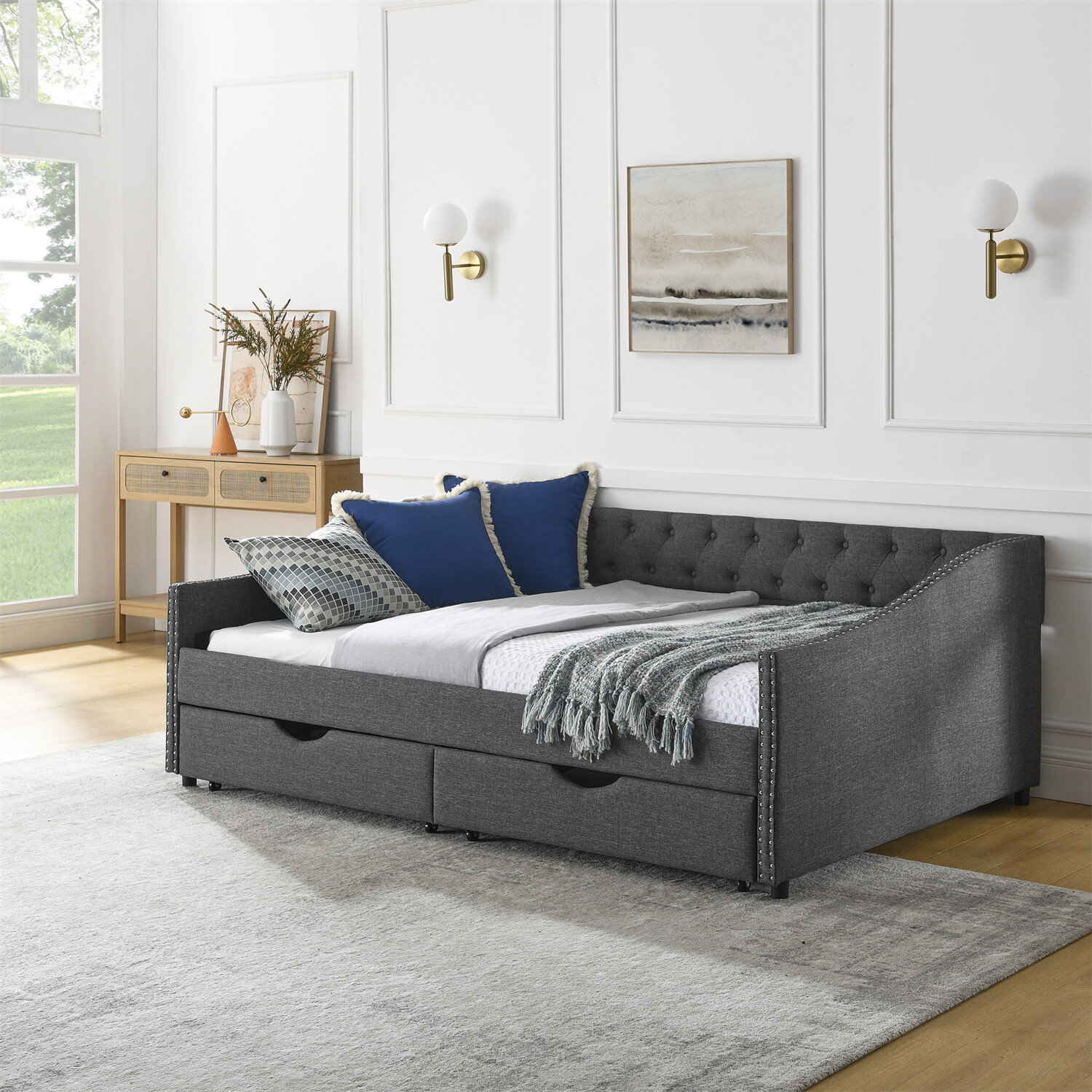 Full Size Daybed Upholstered Bed Frame Sofa Bed with 2 Storage Drawer US