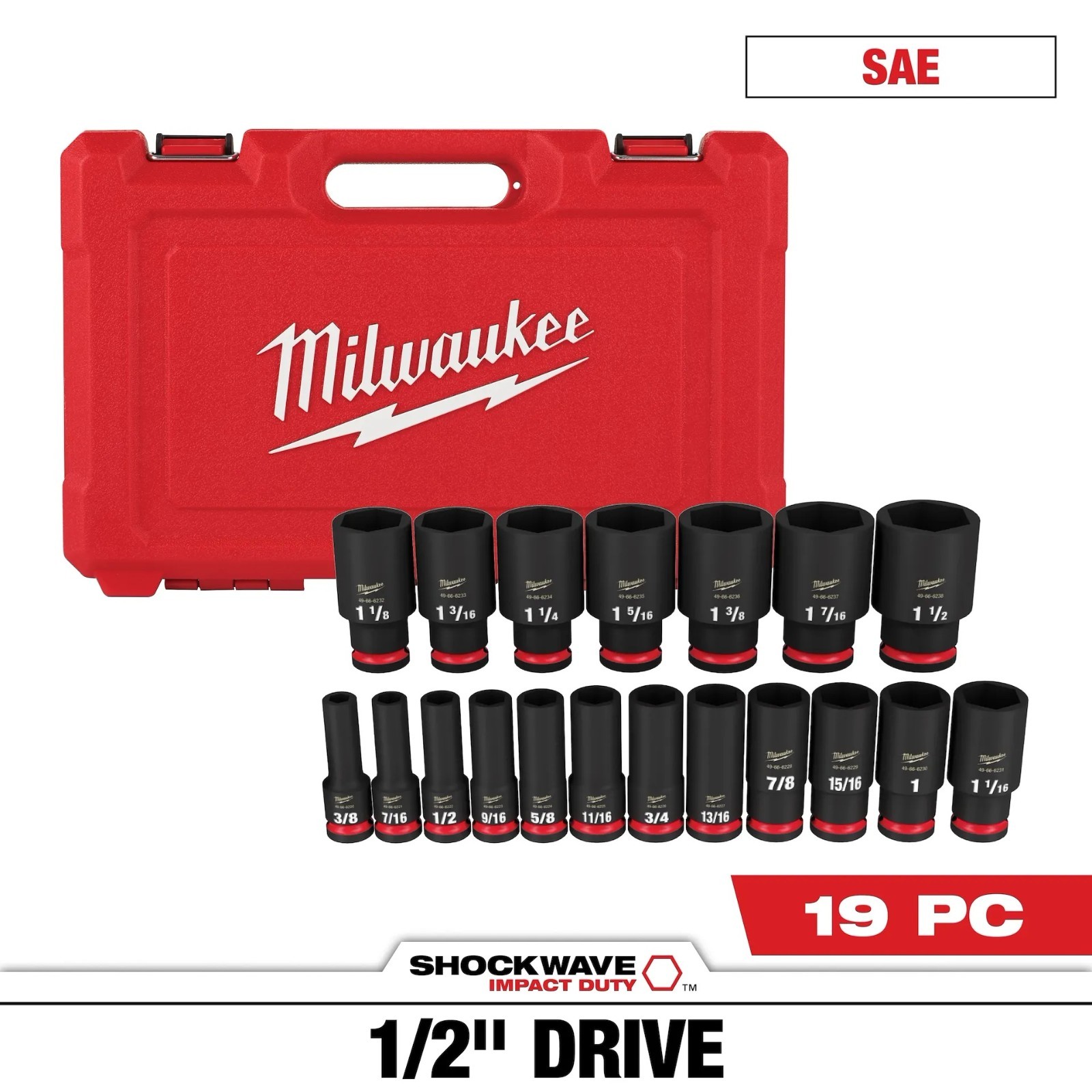 Milwaukee SHOCKWAVE 1/2 inch Drive SAE 6 Point Impact Socket Set (19-Piece)