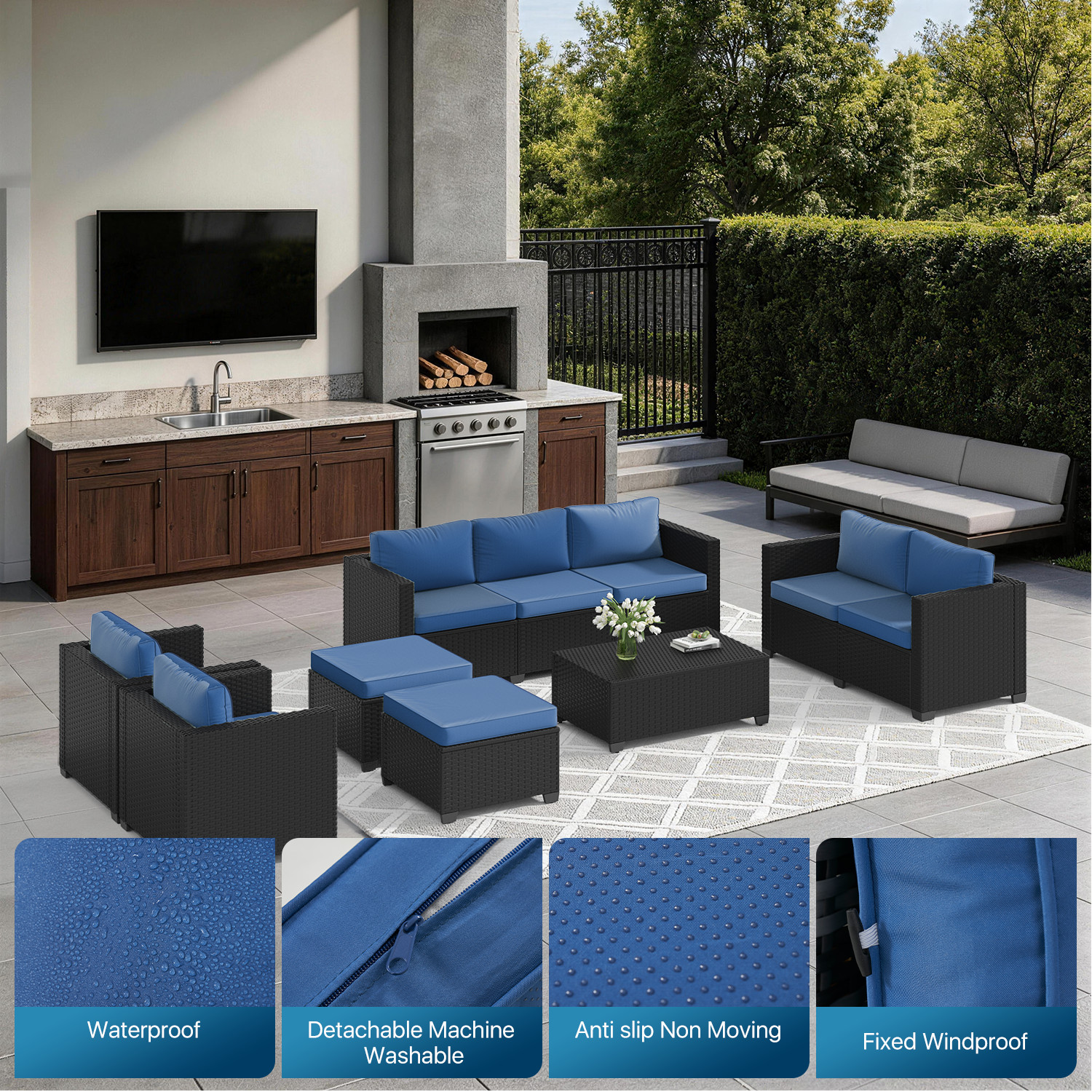 7-Piece Black Rattan Sofa Set w/ Storage Coffee Table Navy Blue 9-Seat