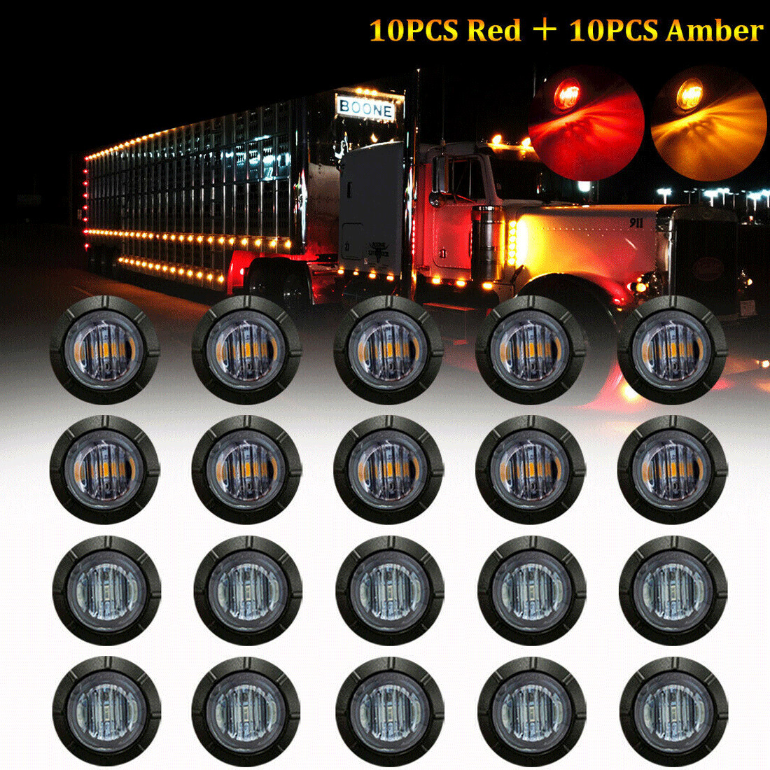 20X Round Red Yellow LED Side Marker Clearance Bullet Lights for Truck Trailer