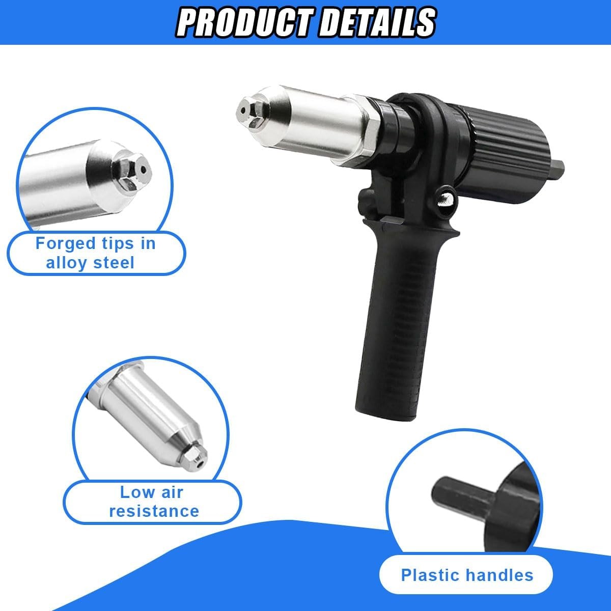 Pop Rivet Gun Adapter Kit Drill Attachment w 4 Rivet Heads 2.4–4.8mm