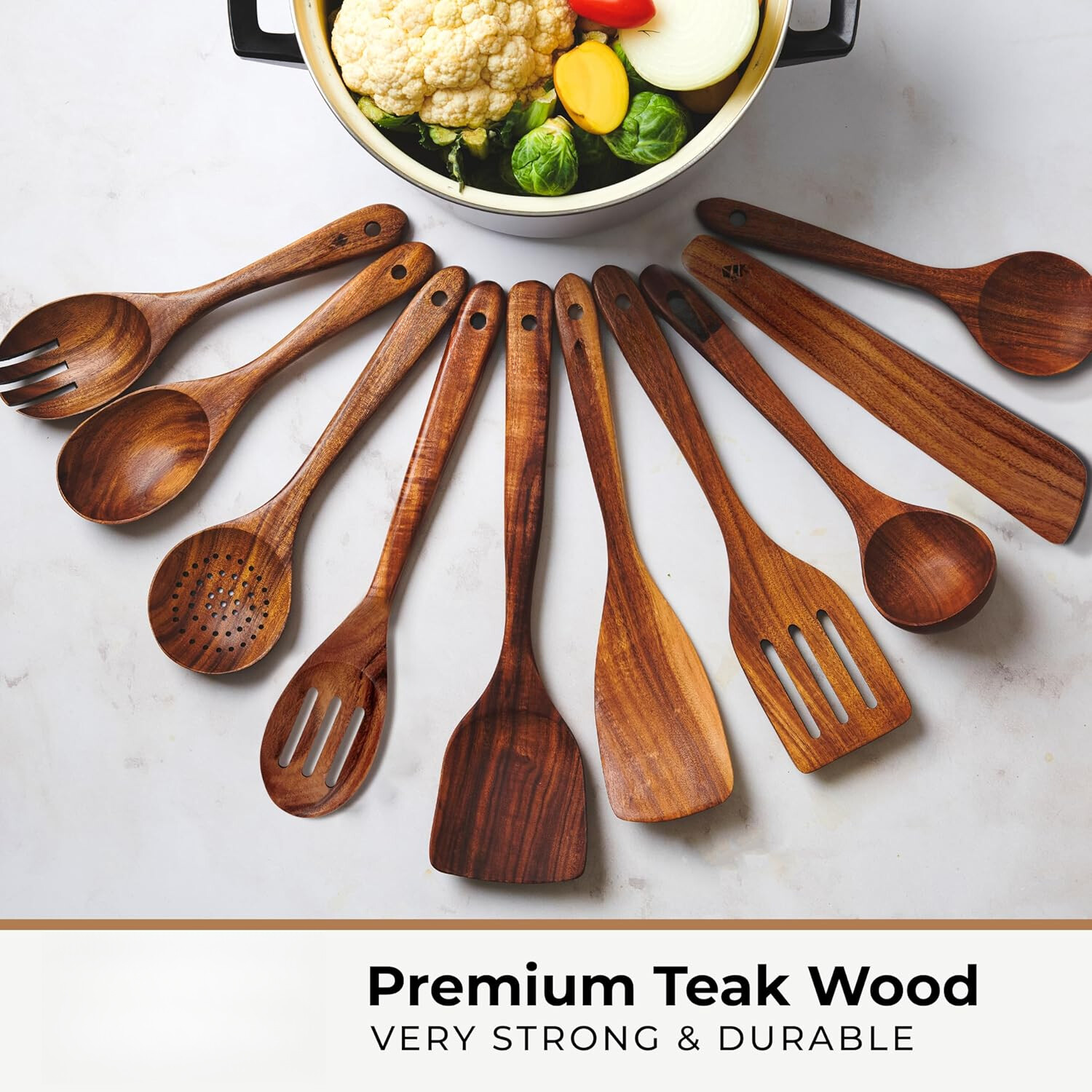 Set of 12 Teak Cooking Spoons - with Tray, Spoon Rest and Hook, Non-Stick