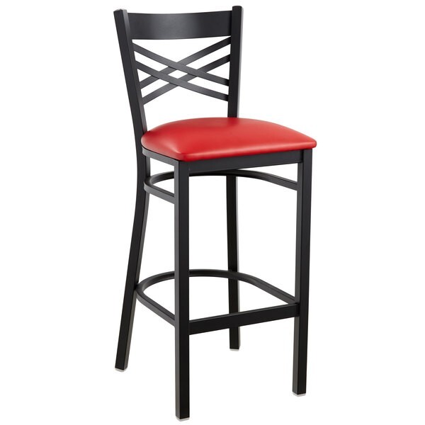 Black Cross Back Metal Restaurant Bar Stool With Red Vinyl Seat