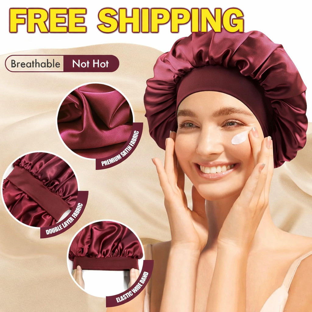 Satin Bonnet Night Sleep Cap Women Silk Head Cover Wide Elastic Band Hair Hat