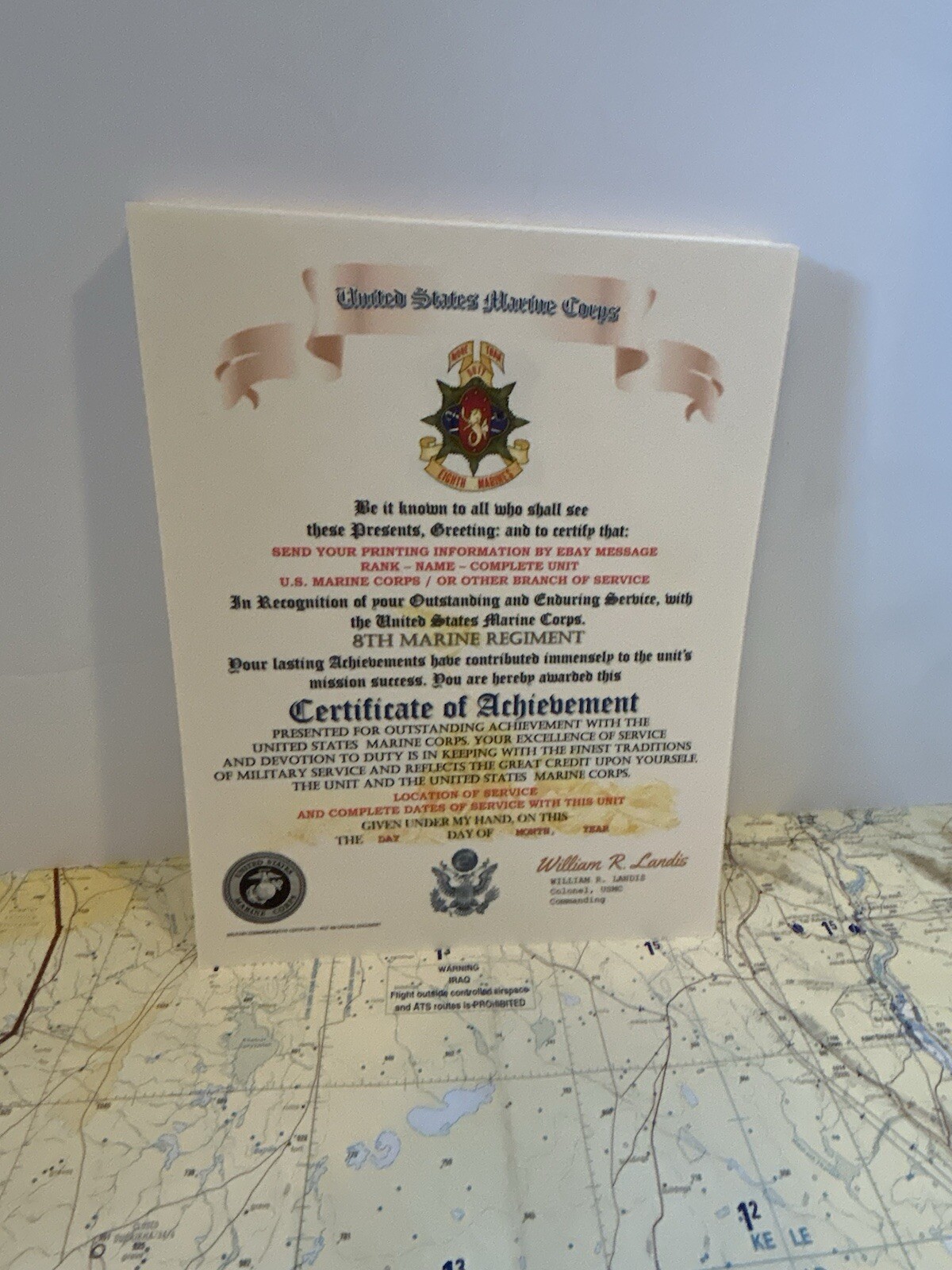 U.S.M.C. / 8TH MARINE REGIMENT - CERTIFICATE OF ACHIEVEMENT