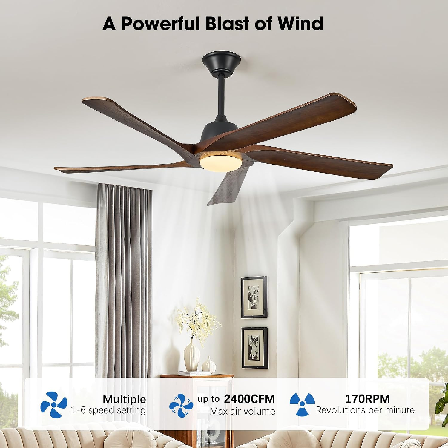 60" DC Solid Wood Ceiling Fan with Lights, (Dark Walnut) | Remote & APP Control,