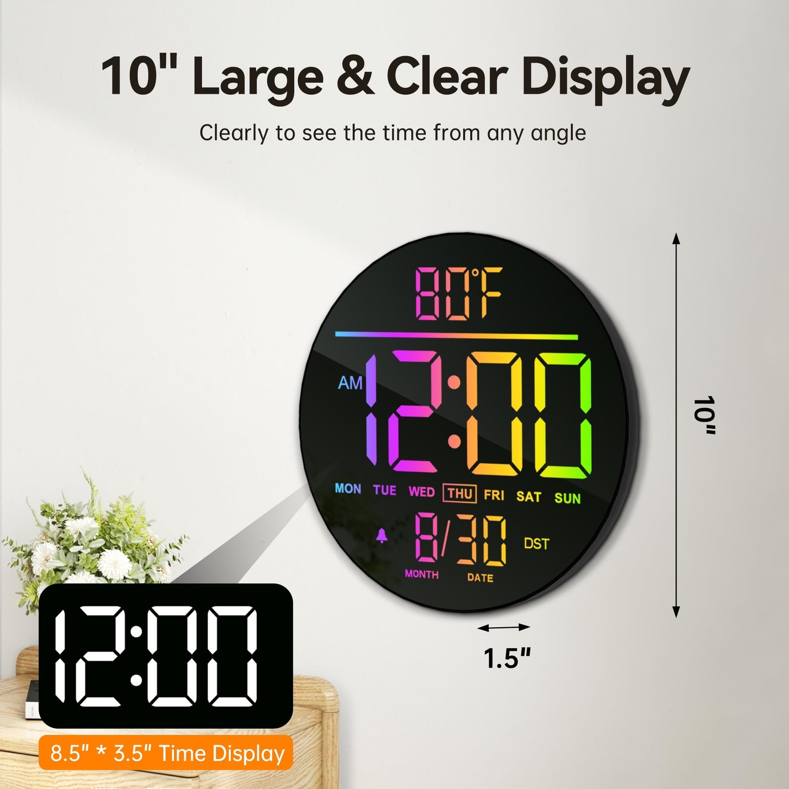 JALL 10" Large Digital Wall Clock with Seconds, Alarm Countdown Timer, Big LE...