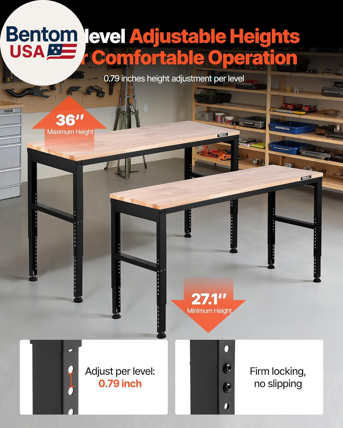 Adjustable Workbench, 2000 Lbs Capacity, 61 X 20-Inch Heavy Duty Work Bench with