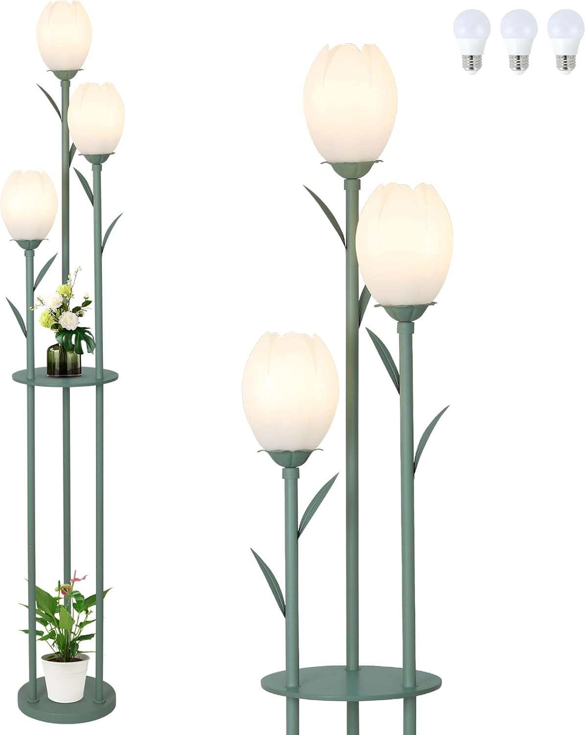 3-Light Flower Floor Lamps for Living Room, Green Floor Lamp with Shelves, Uniqu