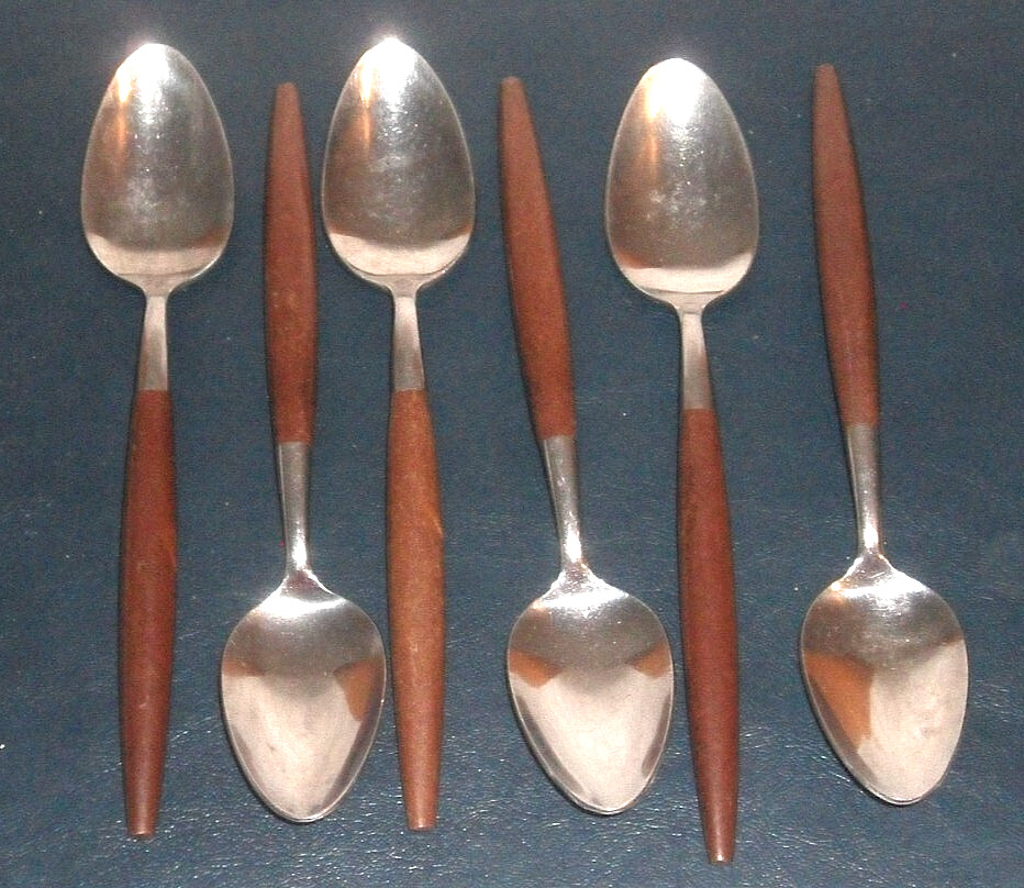 LOT of 6  American Tempo FAUX WOOD MID CENTURY FLATWARE TABLE SPOONS 7 3/4"