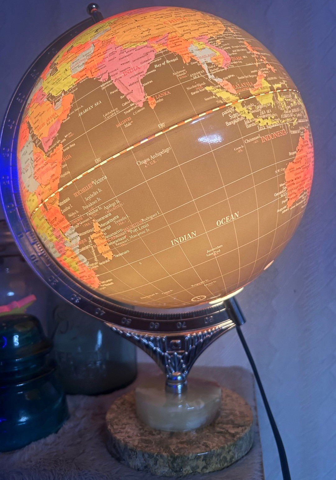 Illuminated Tabletop World Globe, Metal Meridian & Stone Base, Corded