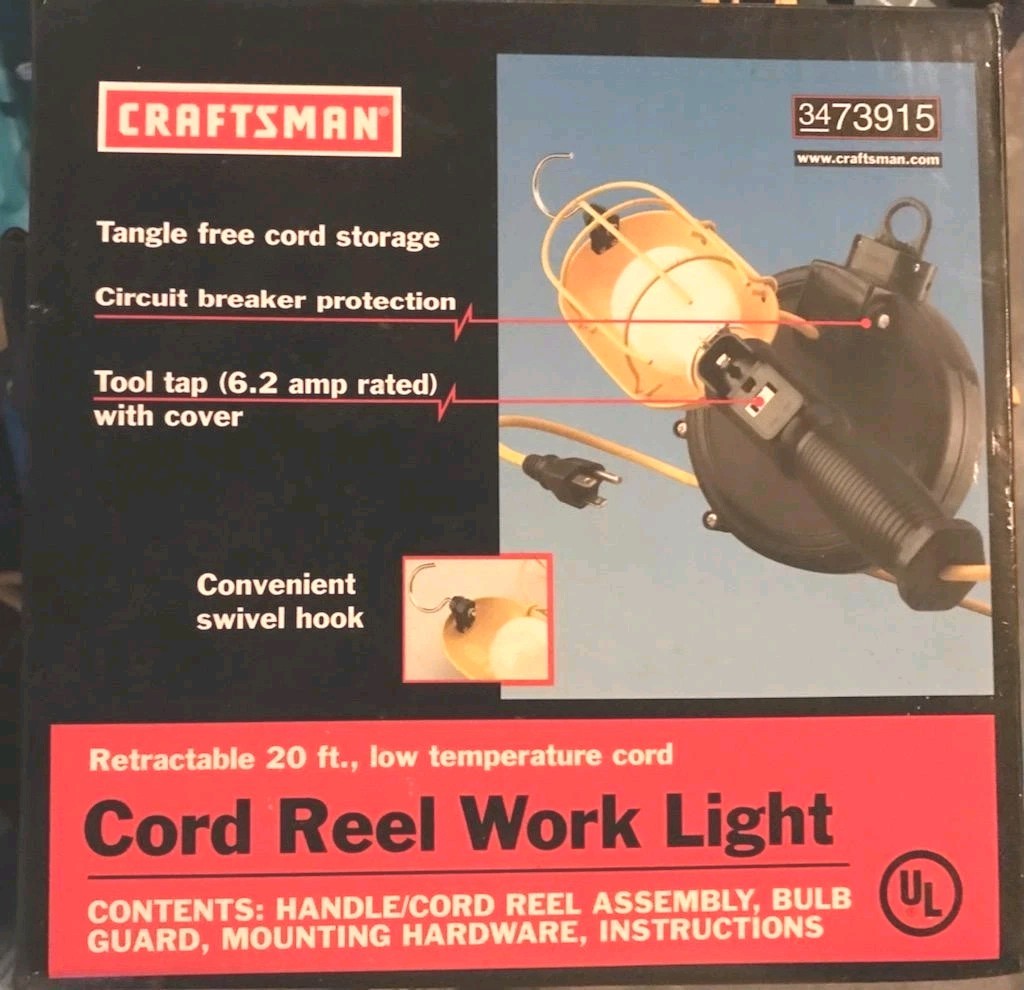 Craftsman Retractable 20ft Cord Reel Work Light Low Temperature Cord 3473915