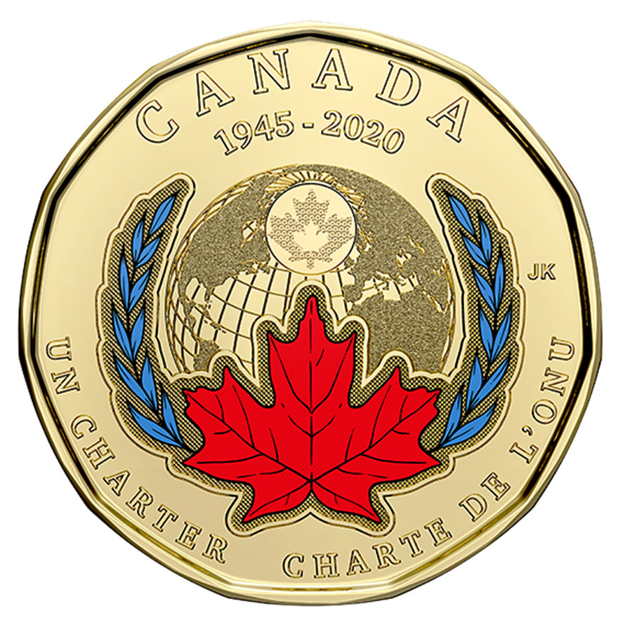 2020 Canada $1 Loonie 75th anniversary of UN Charter COLOURED  - from roll
