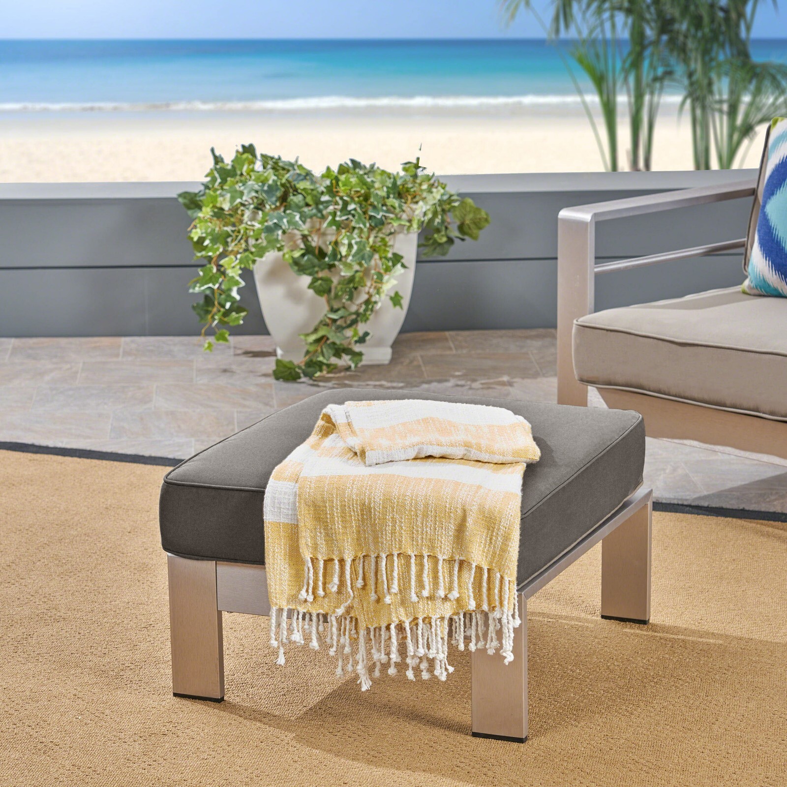 Aya Coral Cushioned Auminum Ottoman, Silver and Khaki
