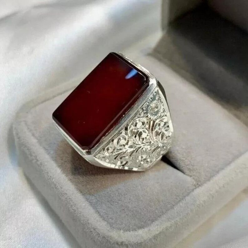 Solid 925 Sterling Silver Yemeni Red Aqeeq Agate Ring Handmade Men’s Ring