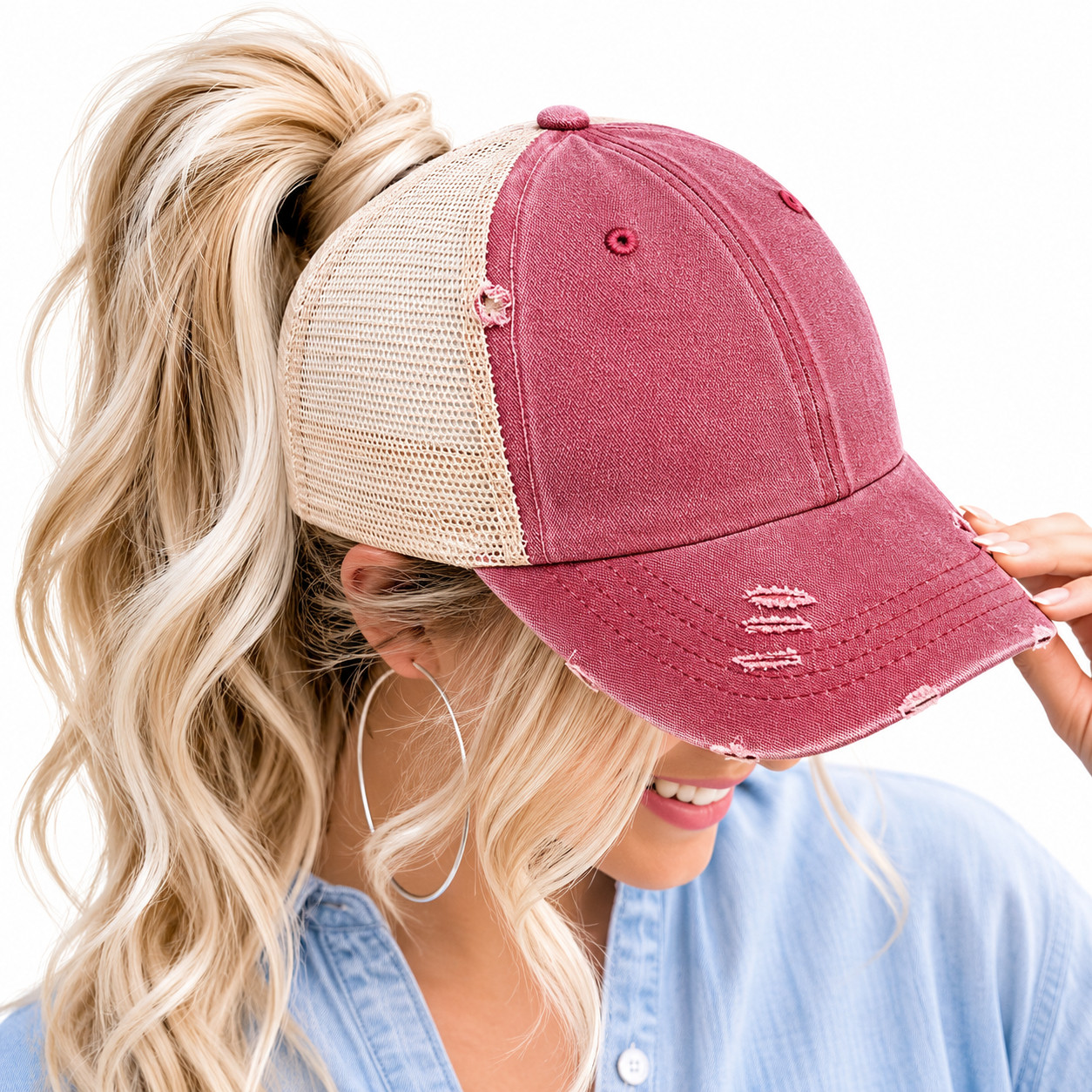 Women's High Ponytail Distressed Baseball Cap Mesh Trucker Hat Adjustable