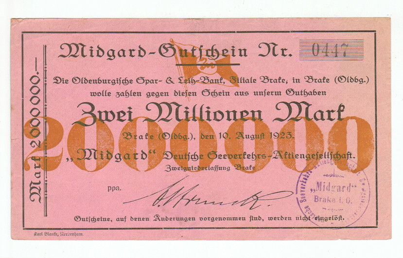 GERMANY BANKNOTE 2 MILLION MARK BRAKE 1923