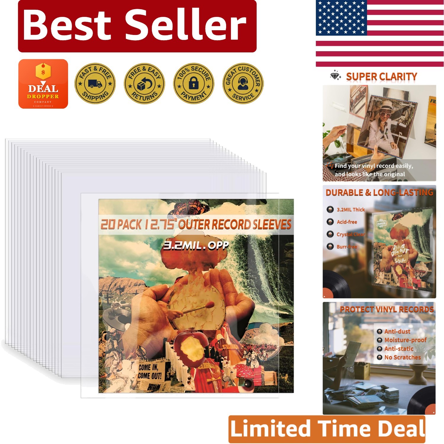 3.2 Mil Clear Vinyl Record Sleeves - Ideal for 12" Albums, Set of 20