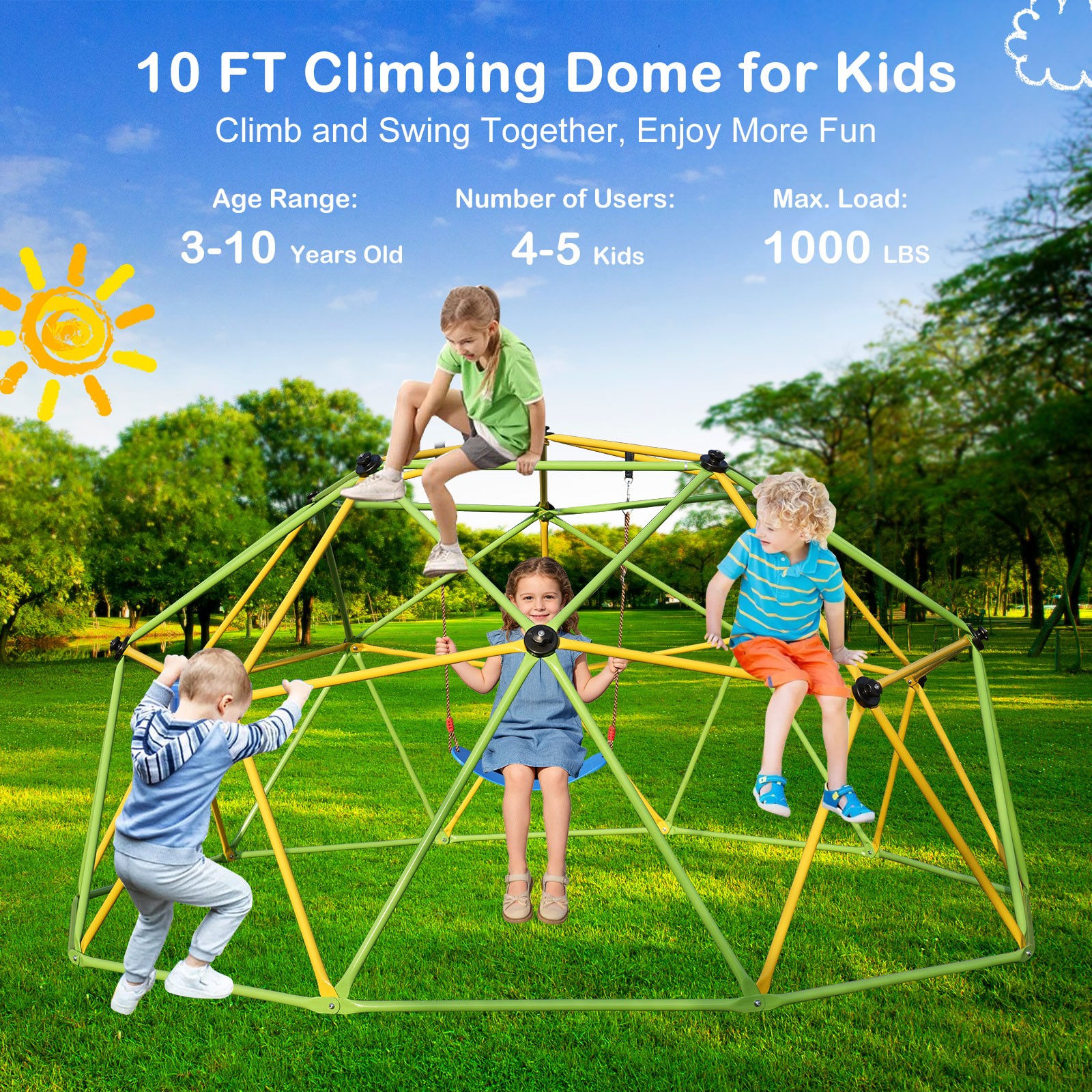 10 FT Climbing Dome for Kids Jungle Gym Park Dome Climber With Swing Playground