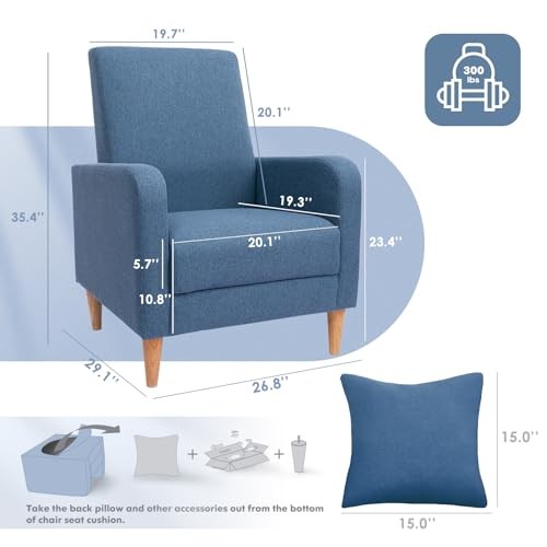 Modern Upholstered Accent Chair Armchair with Pillow, Fabric Set of 1 F-blue