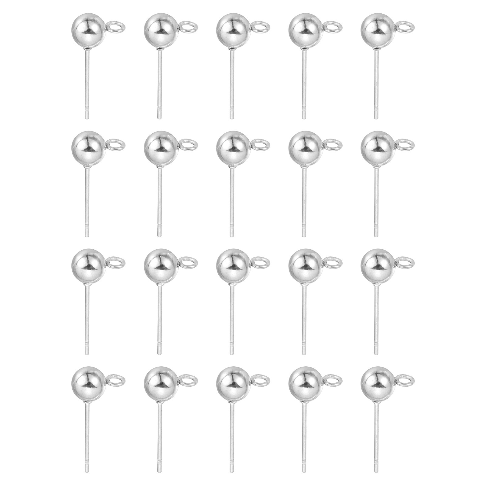 20Pcs Ball Post Stud Earrings, 17x5mm Round Ear Pin with Horizontal Loop, Silver