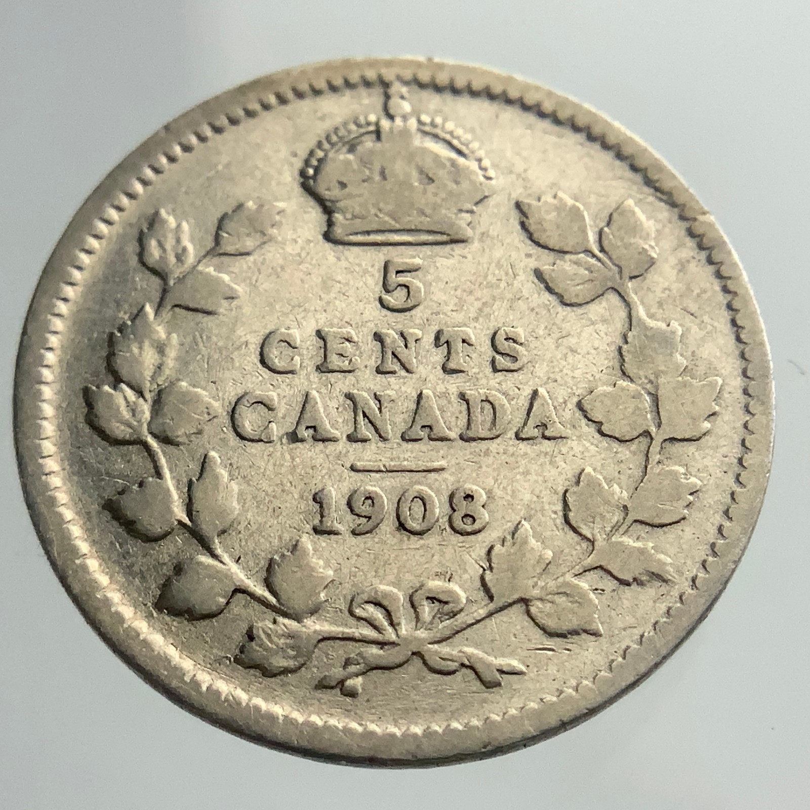 1908 Small 8 Canada Small Five Cents King George Circulated 5 Silver Coin NGS012