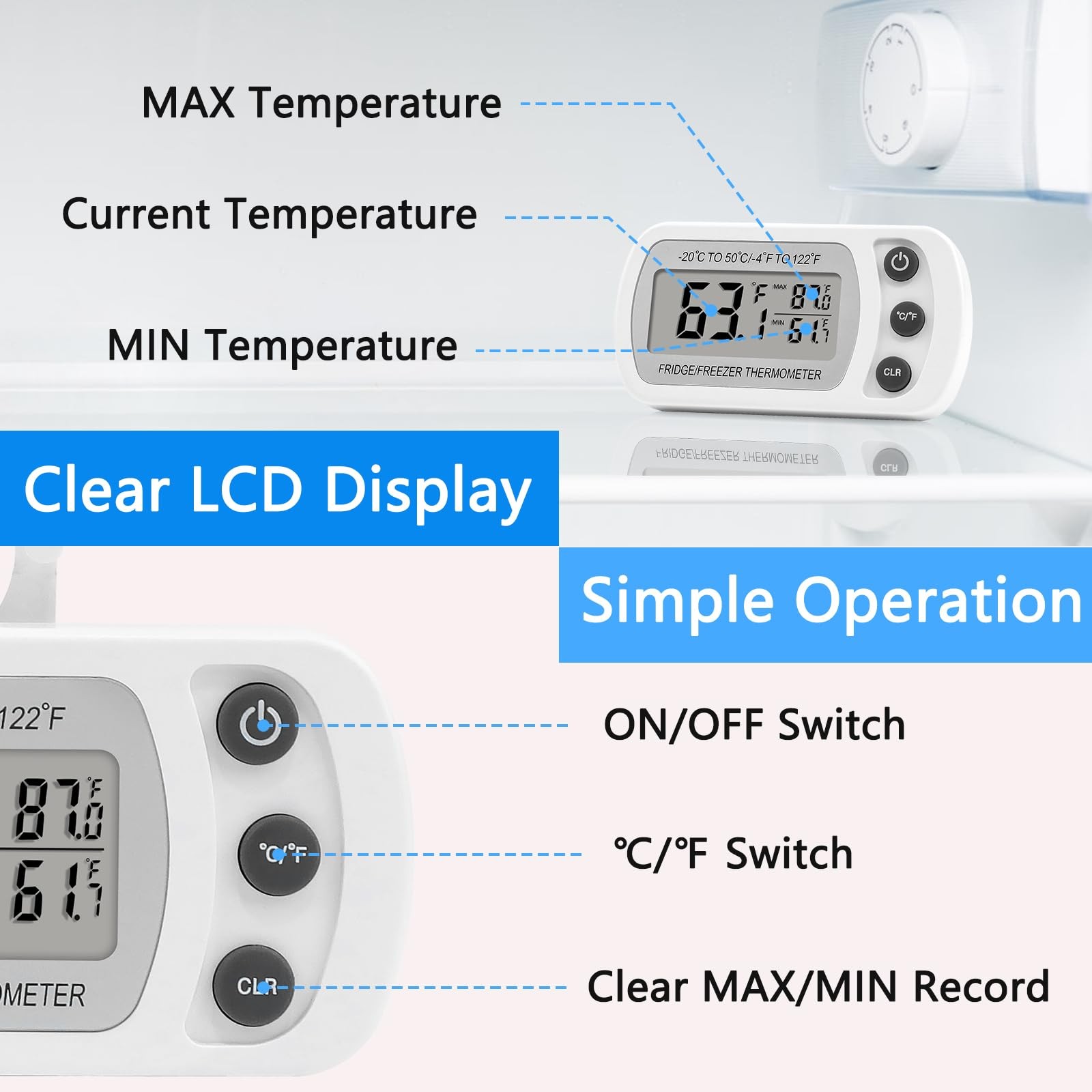 Lasubst Digital Refrigerator Thermometer 2 Pack for Fridge Freezer White