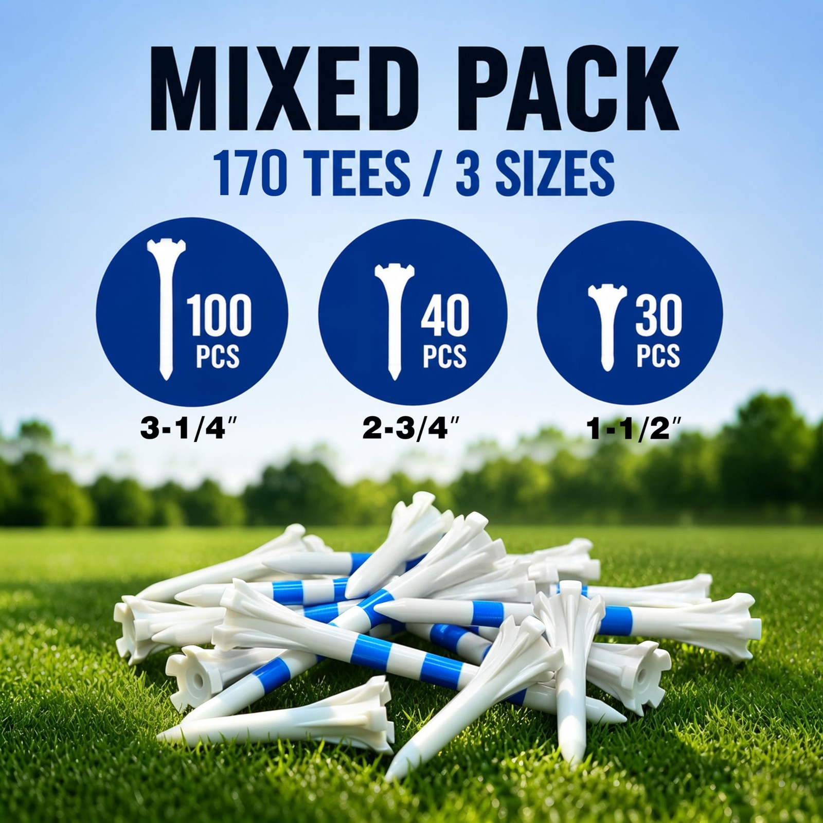 CHAMPKEY Professional 170 Pack 5-Prong Plastic Golf Tees 3 Sizes Assorted Pac...