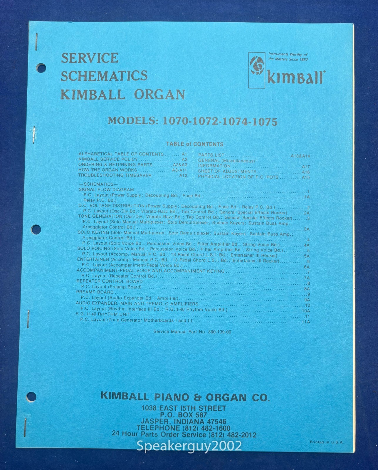 Original Kimball Organ Model 1070 1072 1074 1075 Schematic Manual