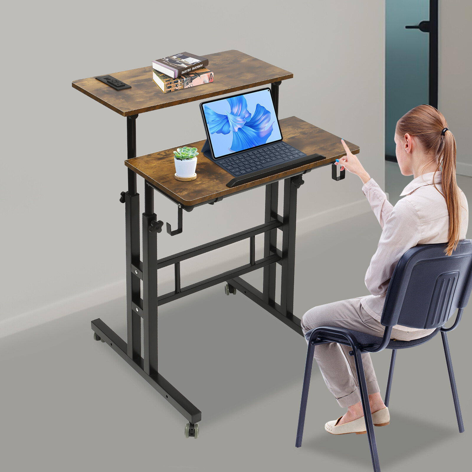 24" Mobile Stand Up Desk Adjustable Laptop Desk With Wheels Home Computer Table