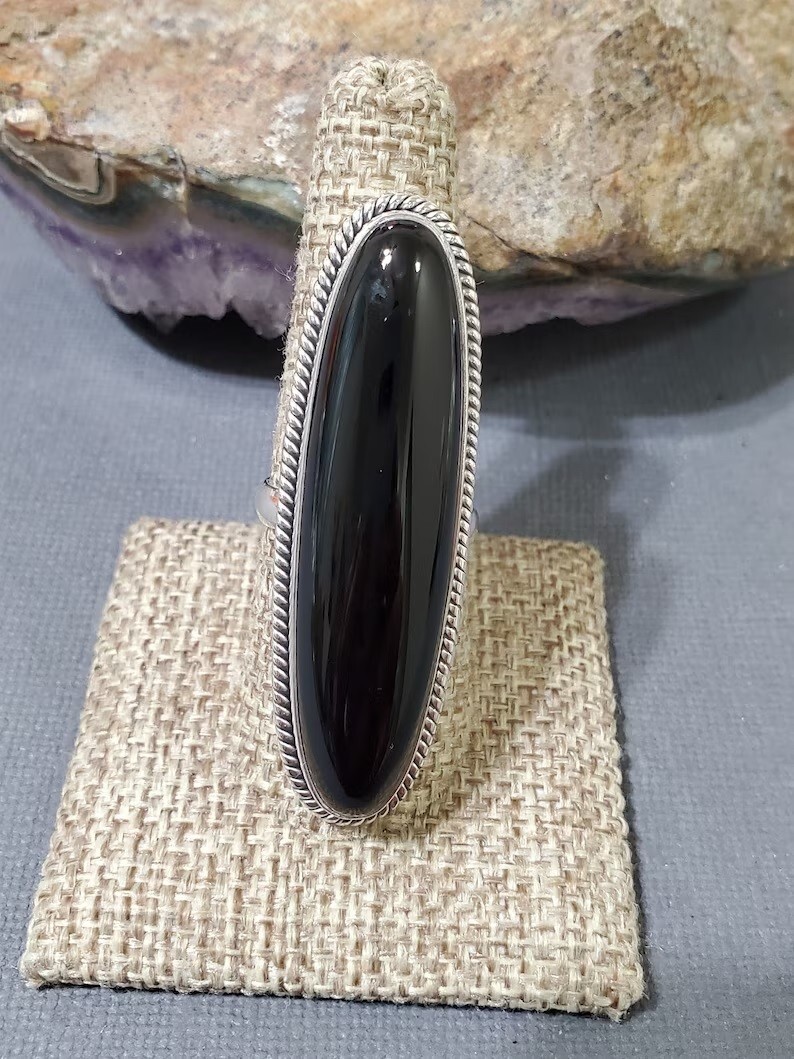 Black Onyx Ring 925 Starling Silver Gemstone Large Modern Woman's Ring