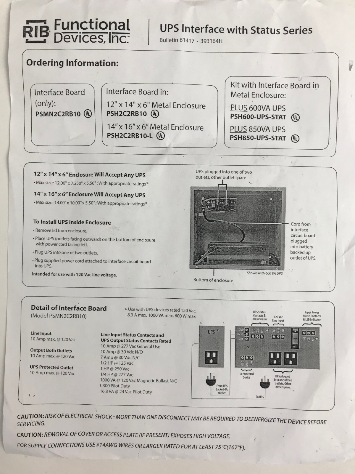 RIB FUNCTIONAL DEVICES PSH600-UPS-STAT ENCLOSED UPS INTERFACE BD W/600VA UPS