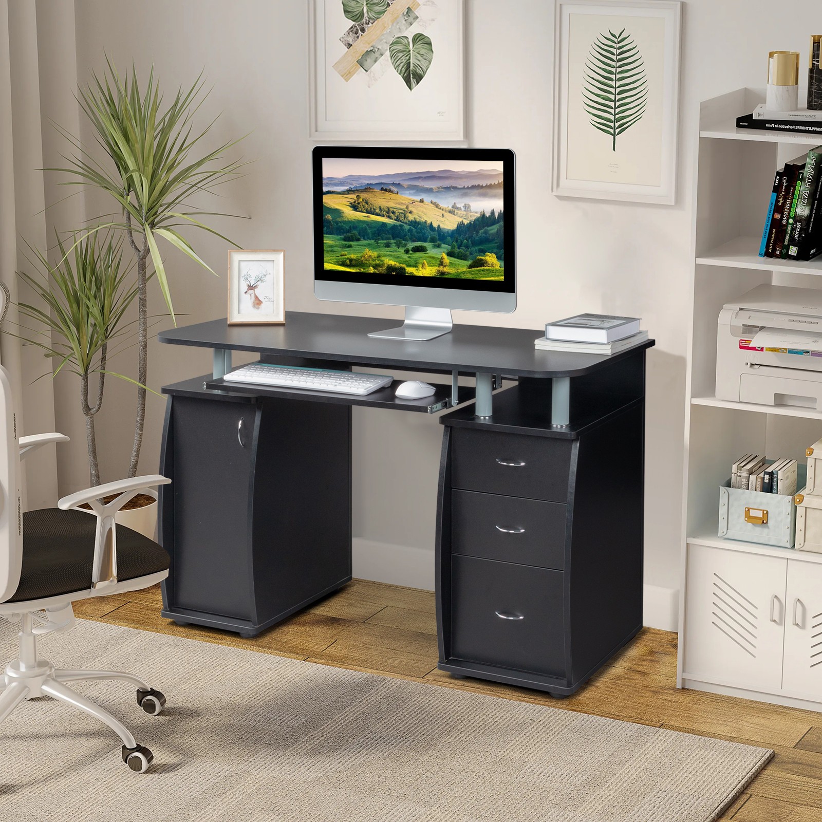 Home Office Computer Desk Workstation Wood Laptop PC Table 3-Drawer 1-Door Black