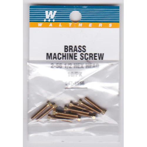 Walthers 947-1156 #2-56 Brass Hex Head Machine Screws 1/2 x .086" (10)'