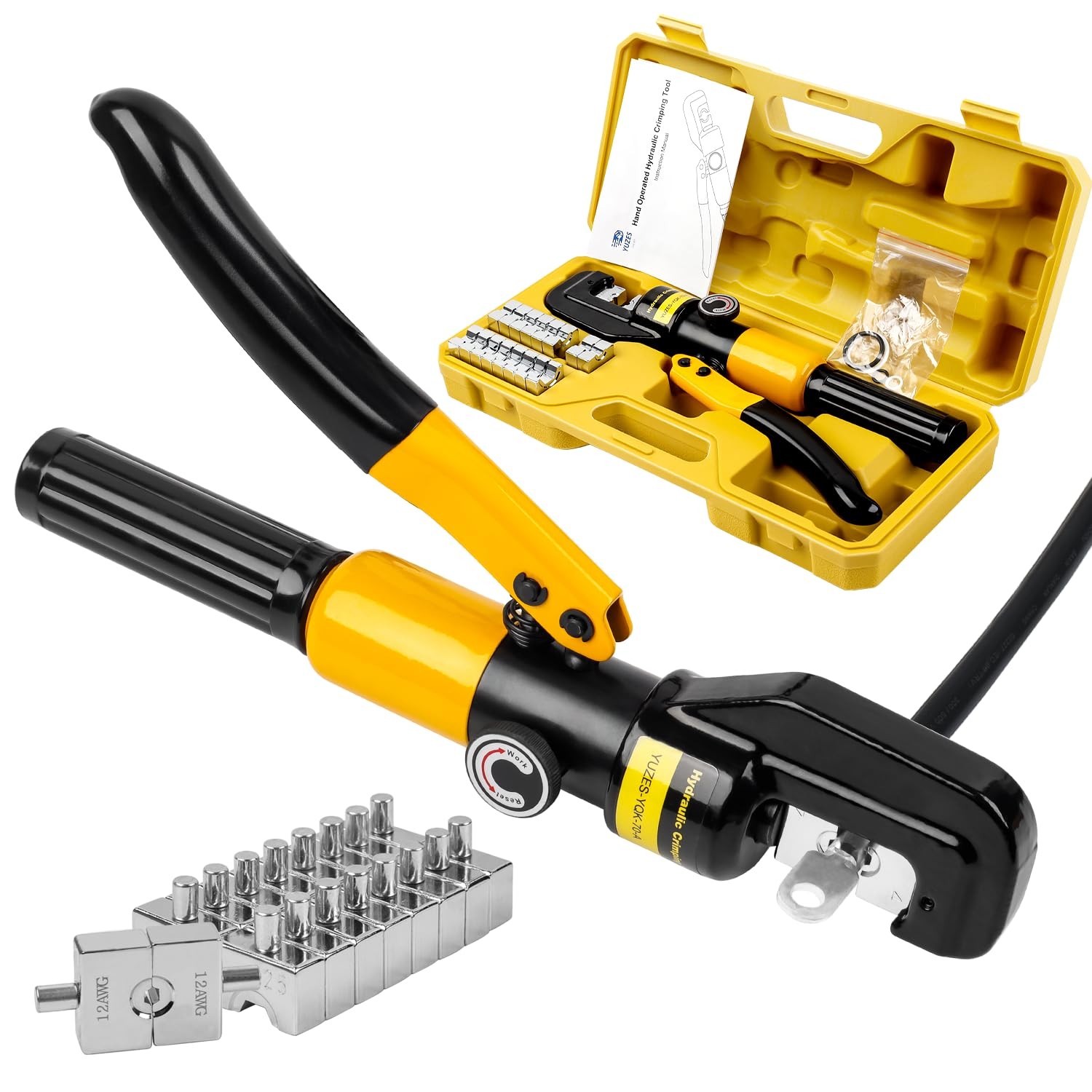 YUZES Hydraulic Crimping Tool 10 Tons, 12 AWG to 2/0 Battery Cable Yellow