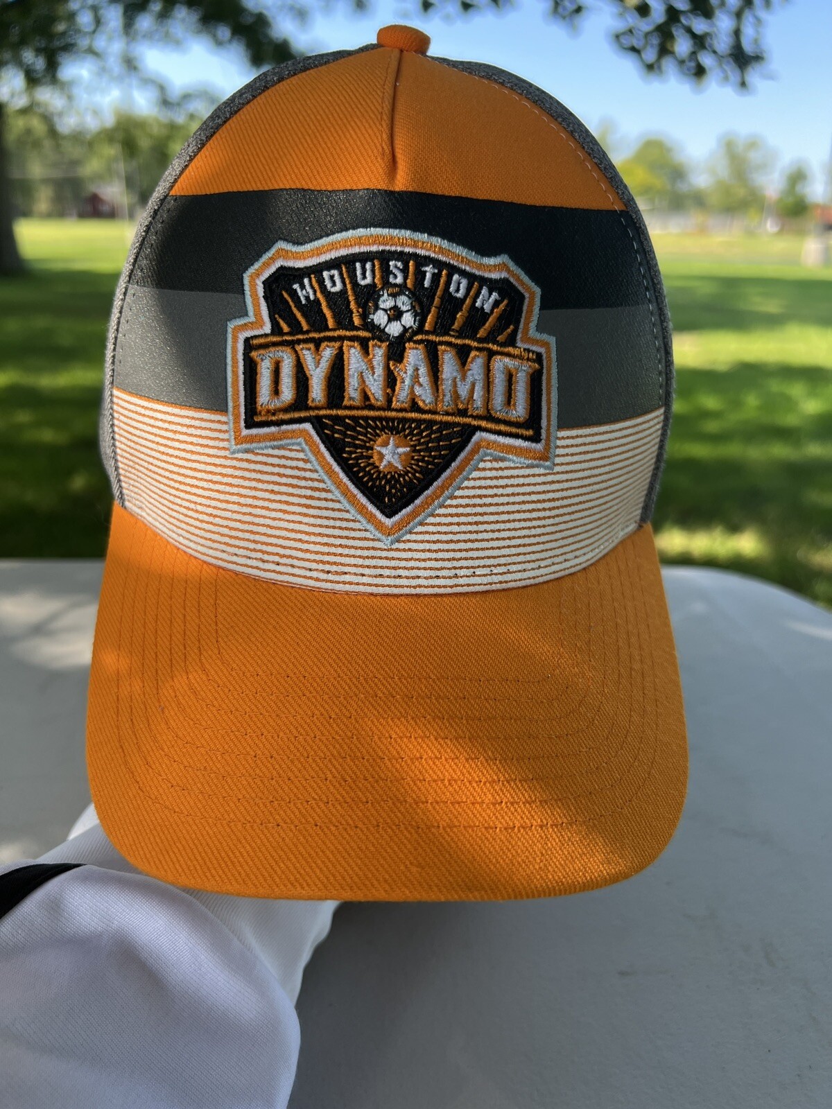 Houston Dynamo MLS Adidas Hat Cap Gray w Orange, Black, gray, pinstripe w logo