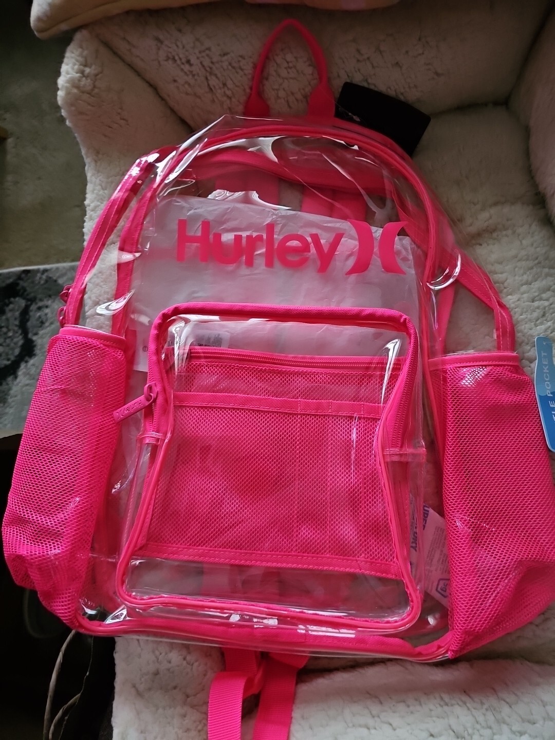 New Hurley Pink Clear Backpack With Pockets