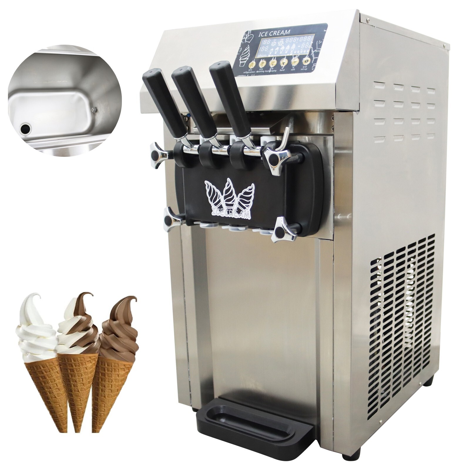 3Flavor 1250W Soft Ice Cream Mahcine Pre-cooling Soft Serve Ice Cream Maker 110V