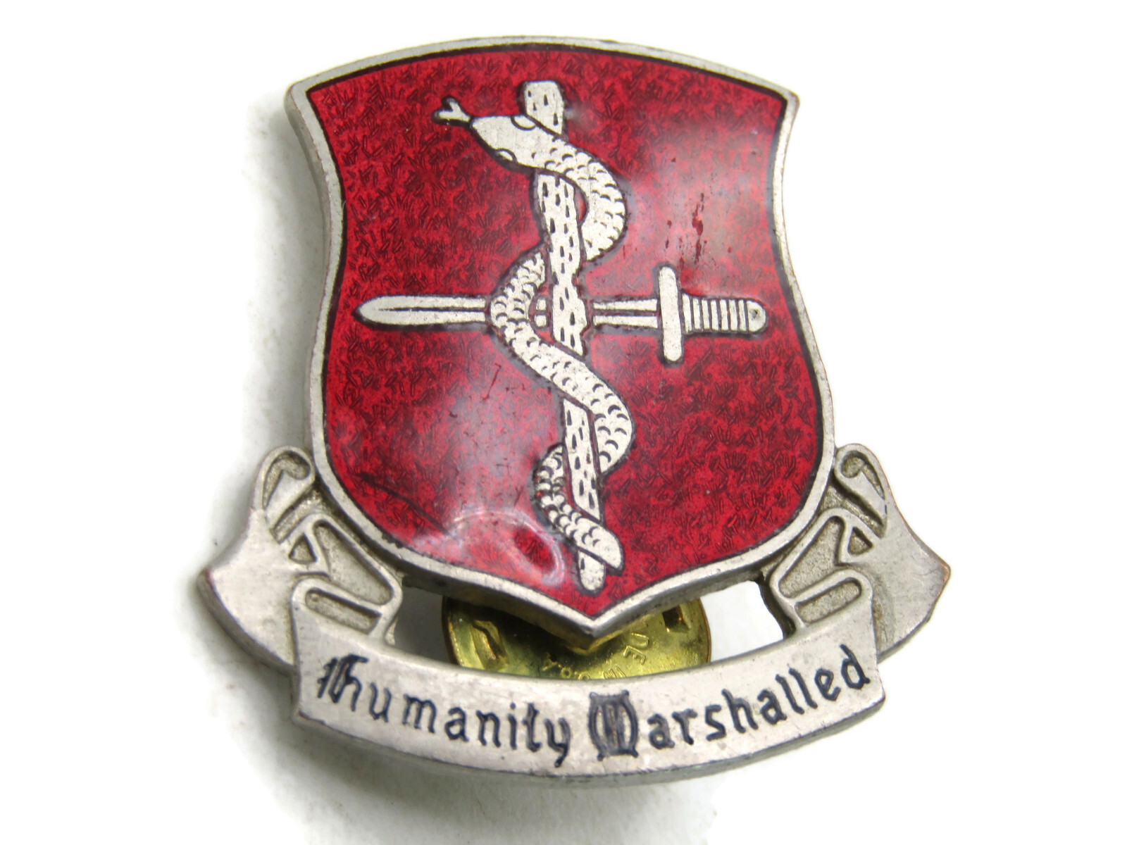 Vintage US Army MEDDAC Fort Stewart DUI Pin Badge Humanity Marshalled Red Enamel