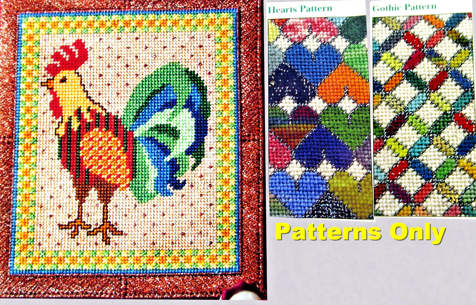 Country French Rooster Hearts Pattern Gothic NEEDLEPOINT CROSS STITCH PATTERNS